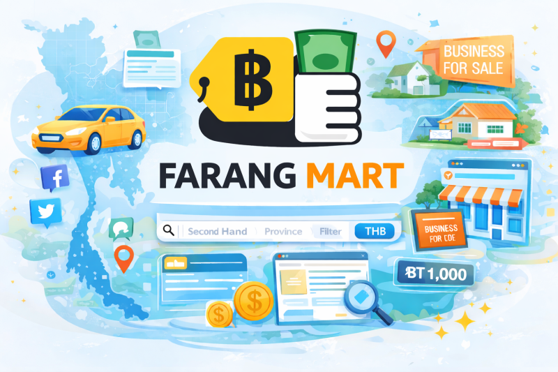 FarangMart online classifieds and business directory in Thailand showing unified logo and listings priced in Thai Baht (THB)