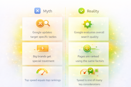 Infographic comparing common SEO myths with factual realities about how search engines evaluate websites