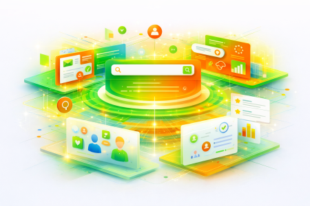Illustration showing how search algorithms analyse content quality, links, and user intent within a connected evaluation system