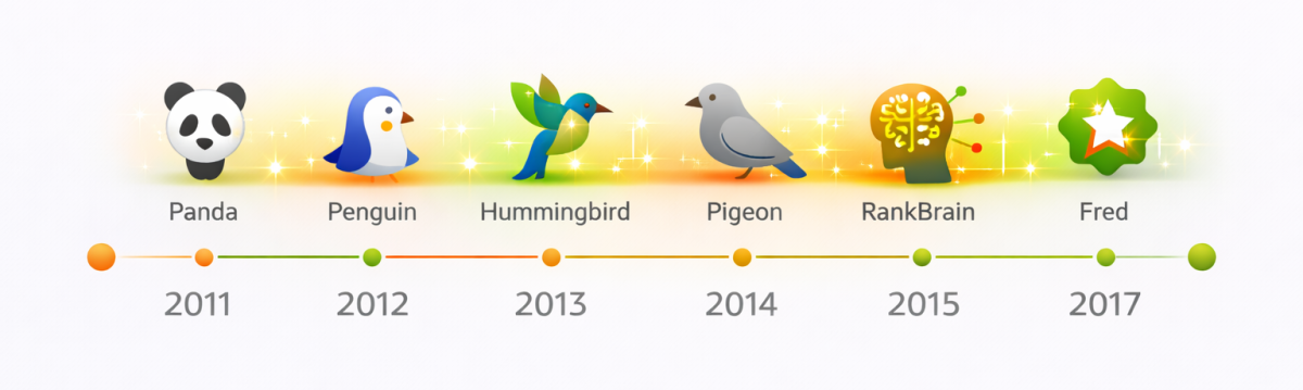 Horizontal timeline showing key Google algorithm updates including Panda, Penguin, Hummingbird, RankBrain, and Fred by year