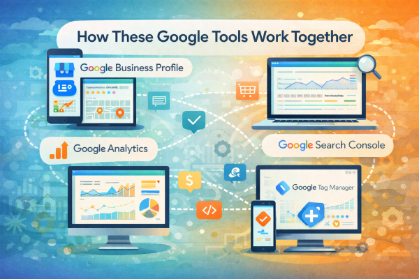 Connected digital tools visual showing how Google platforms work together for business growth