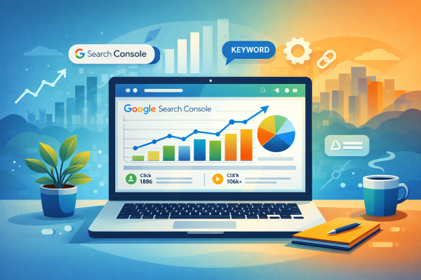 Search performance dashboard visual representing Google Search Console and search visibility