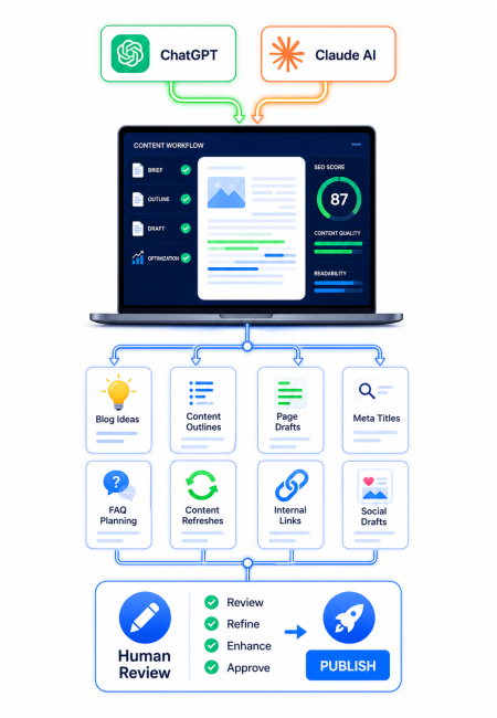 AI marketing support workflow showing ChatGPT and Claude AI feeding into SEO content planning, blog ideas, content outlines, page drafts, internal links, and human review before publishing