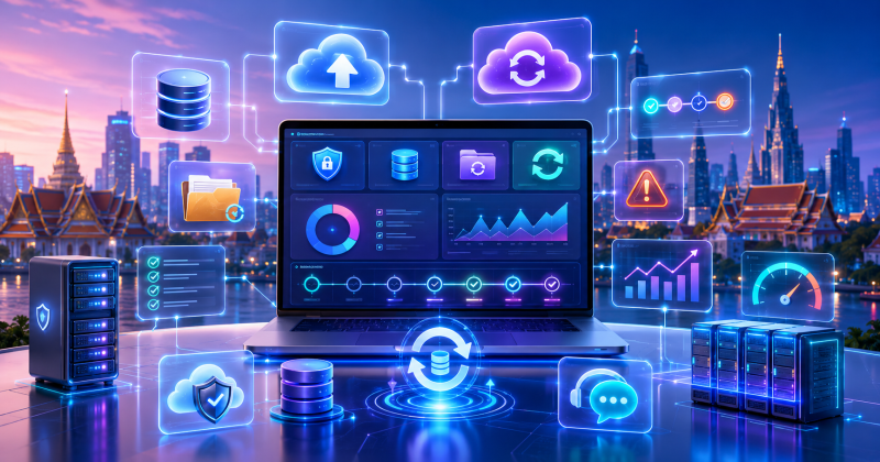 Bright tech illustration showing website backup support in Thailand with WordPress backups, cloud storage, recovery planning, hosting, security, and technical support