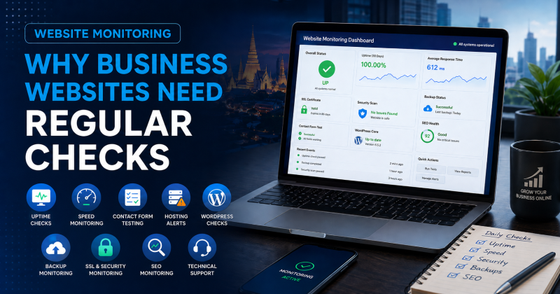 Bright tech illustration showing Website Monitoring Thailand with uptime checks, speed monitoring, forms, hosting, WordPress checks, backups, security, and SEO alerts