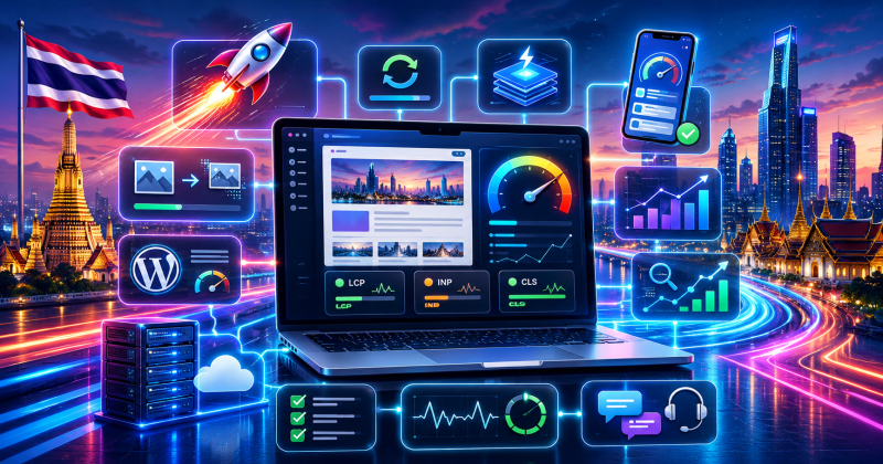 Bright tech illustration showing website speed optimisation in Thailand with Core Web Vitals, fast hosting, image optimisation, WordPress performance, SEO, and technical support